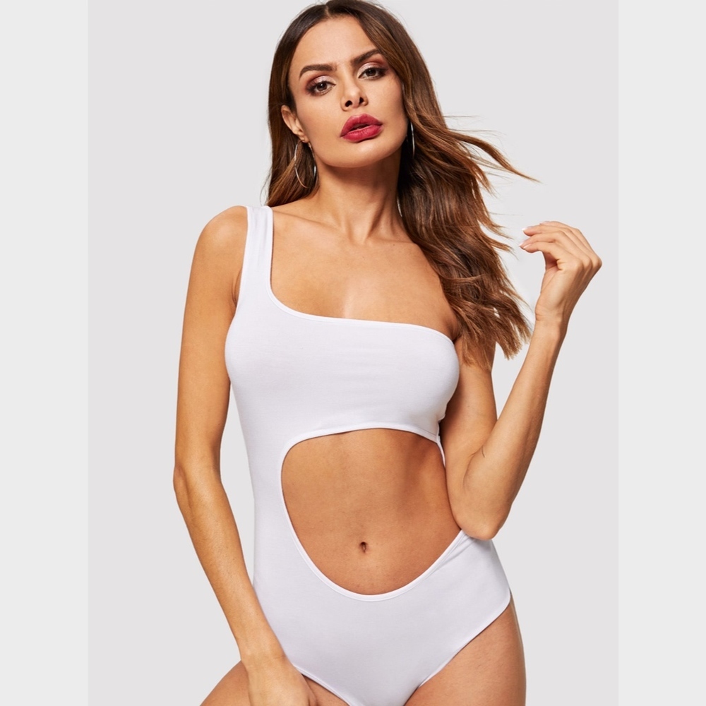 White Cut Out Asymmetrical One Shoulder Bodysuit